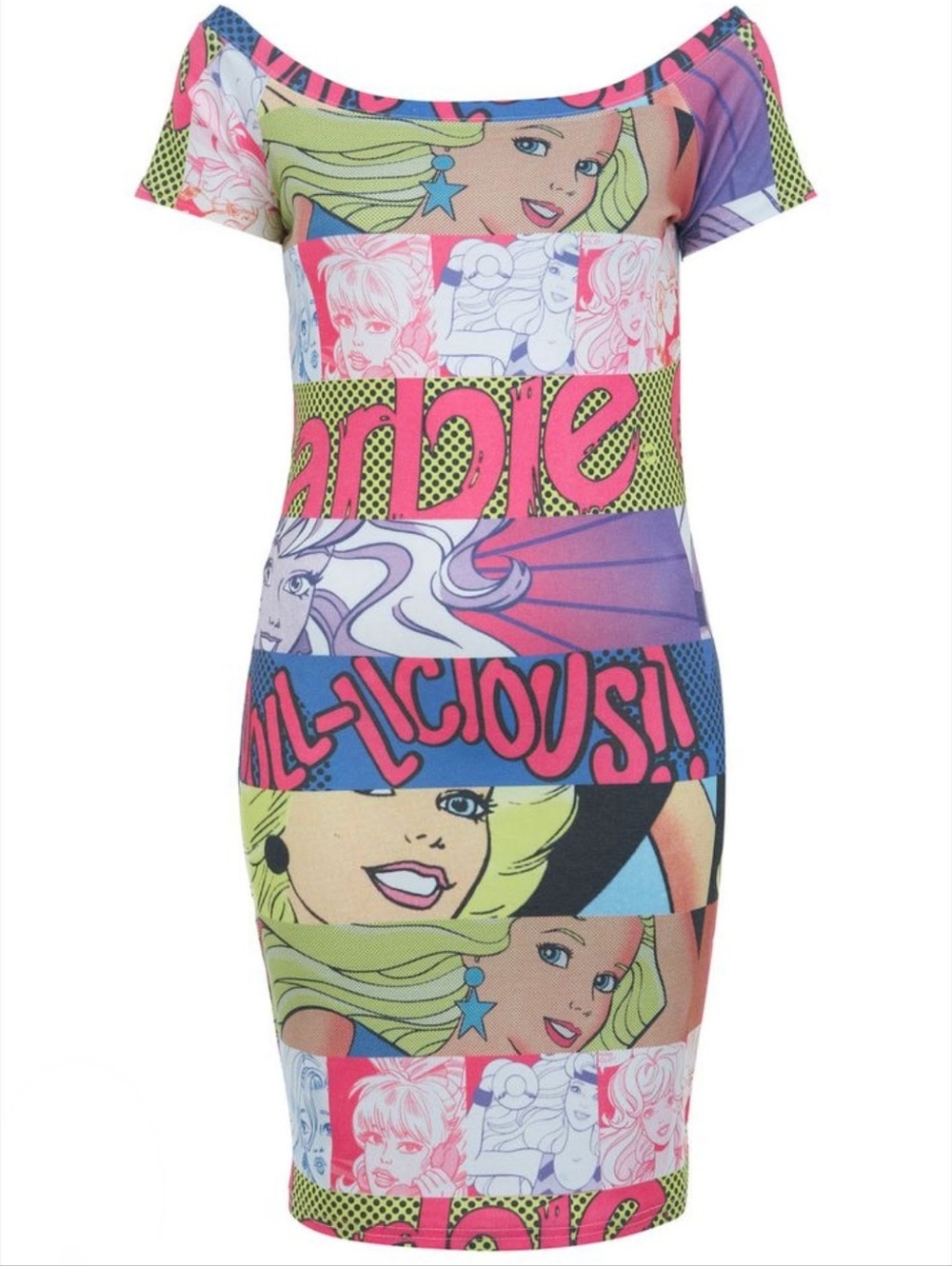 Pink Eve Barbie One-Shoulder Pop Art Bodycon Dress in Pink, Yellow, Blue, Purple